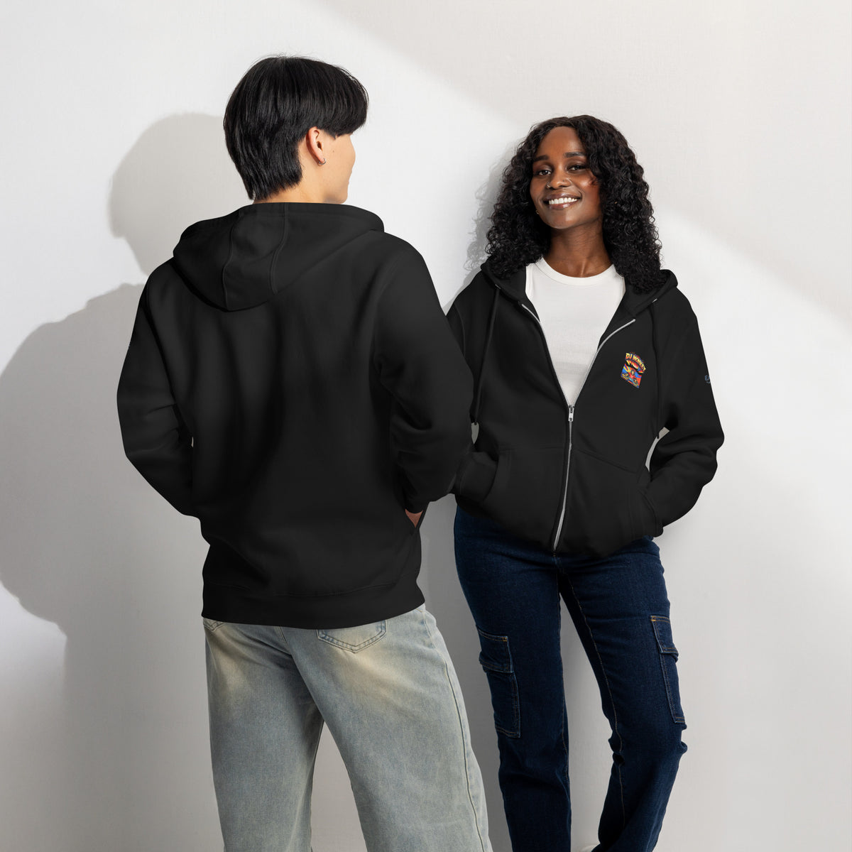 Zip-Hoodie – DJ Monkey – Schwarz – Vorder- und Rückansicht