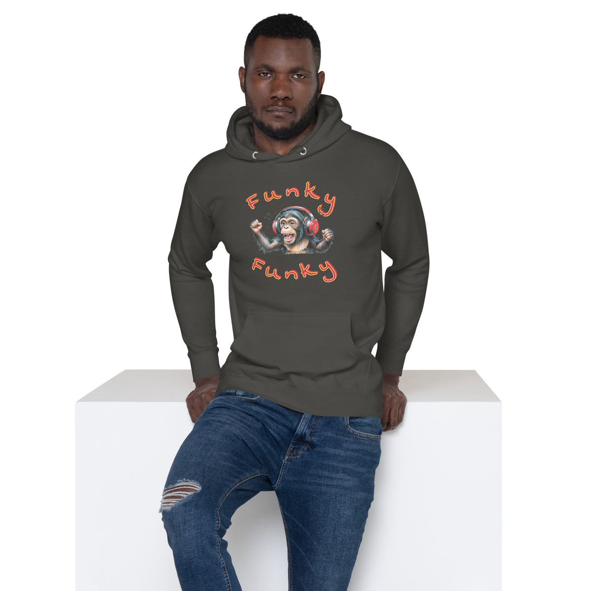 Hoodie, Monkey Music II, Unisex, verschiedene Farben – Vintage Schwarz – Vorderansicht
