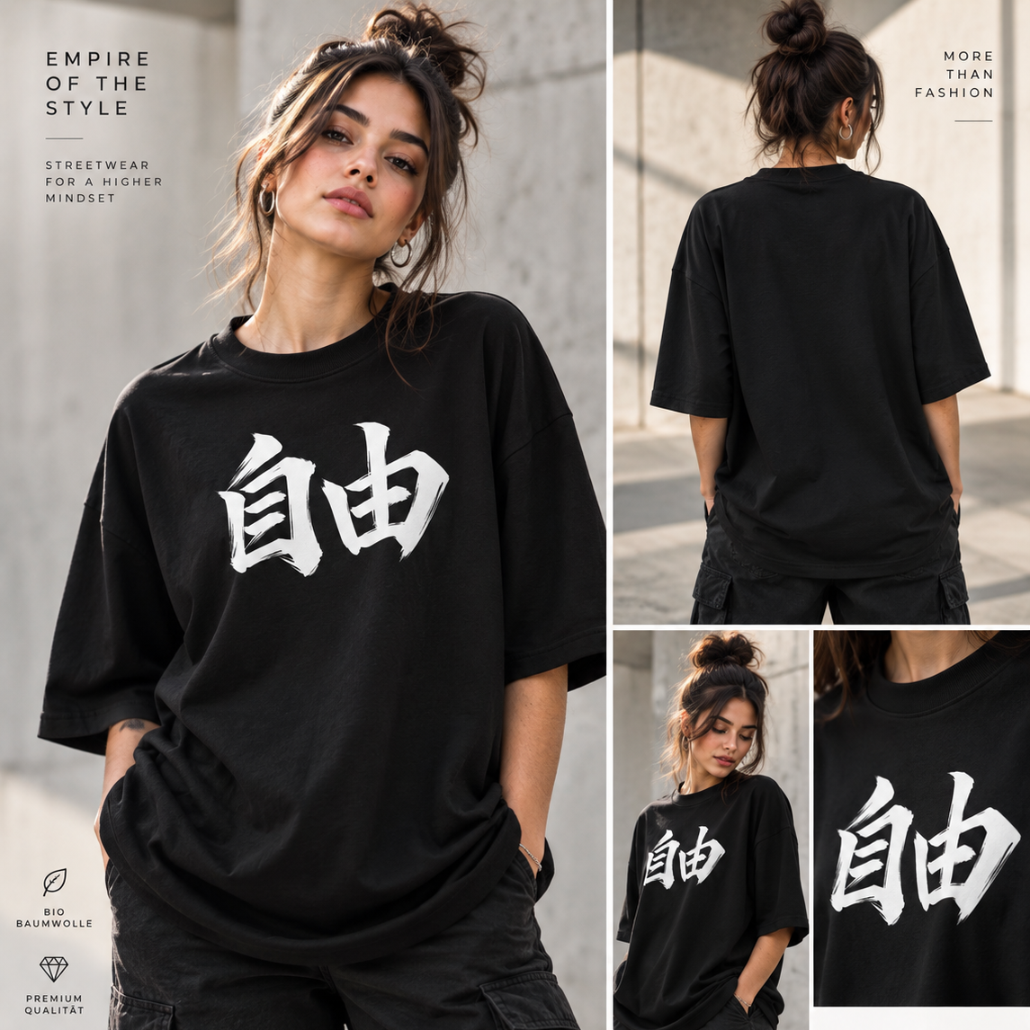 Kanji Oversized Unisex Bio-T-Shirt Freiheit - 自由 - schwarz