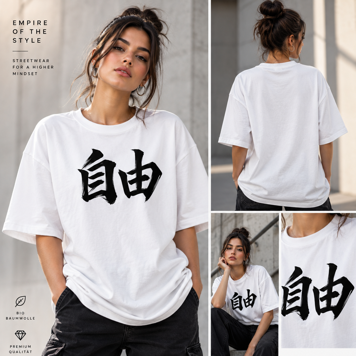Kanji Oversized Unisex Bio-T-Shirt Freiheit - 自由 - weiss