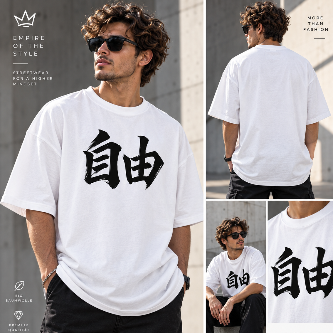 Kanji Oversized Unisex Bio-T-Shirt Freiheit - 自由 - weiss
